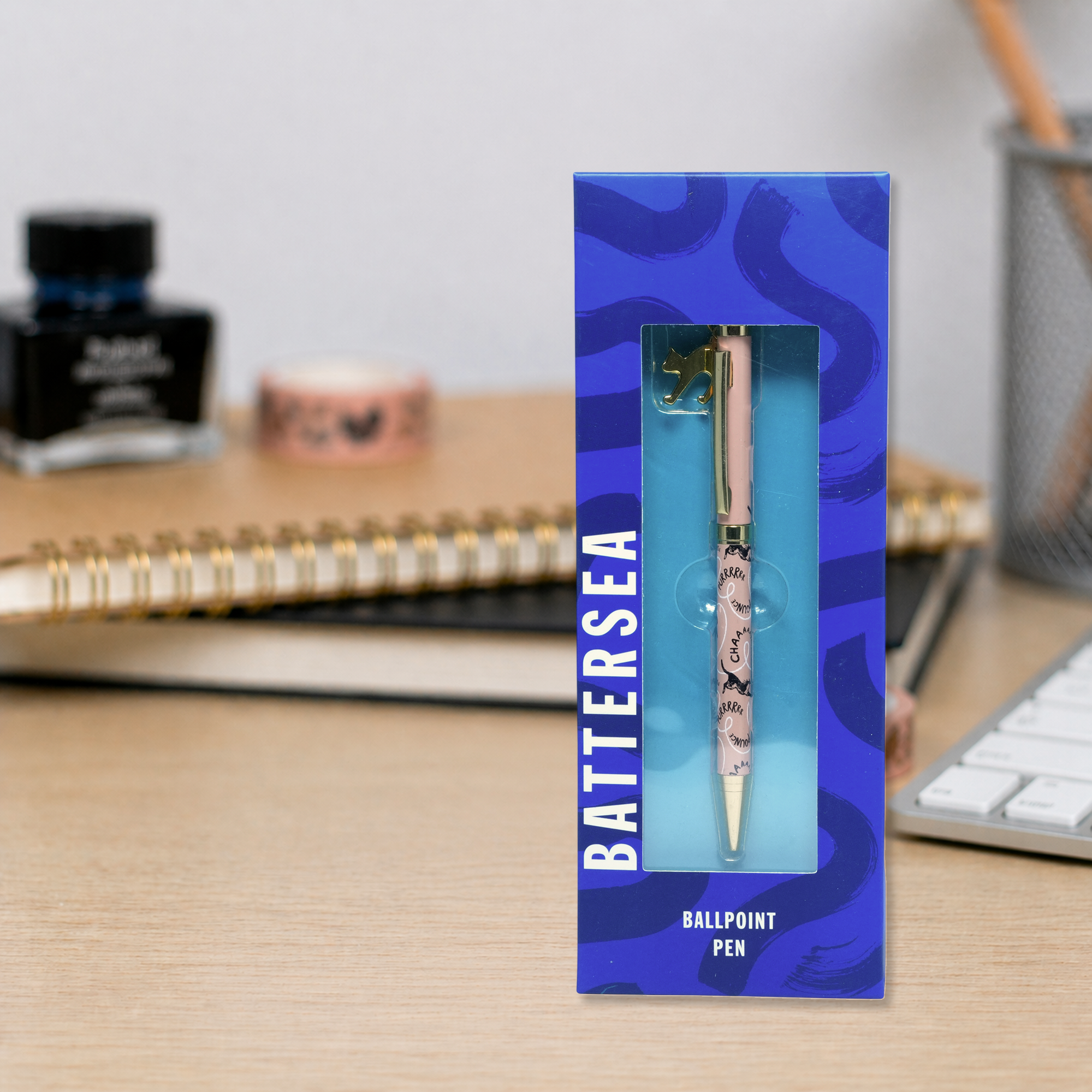 BATTERSEA Cat Charm Ballpoint Pen – Cute Animal Writing Pen with Gold Clip